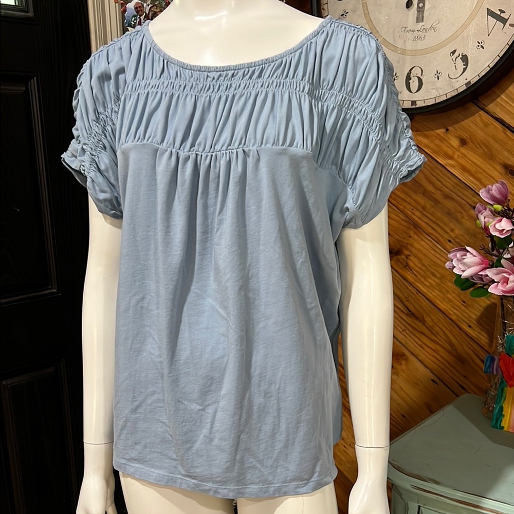 Ann Taylor Factory Light Blue Smocked Short Sleeve Blouse